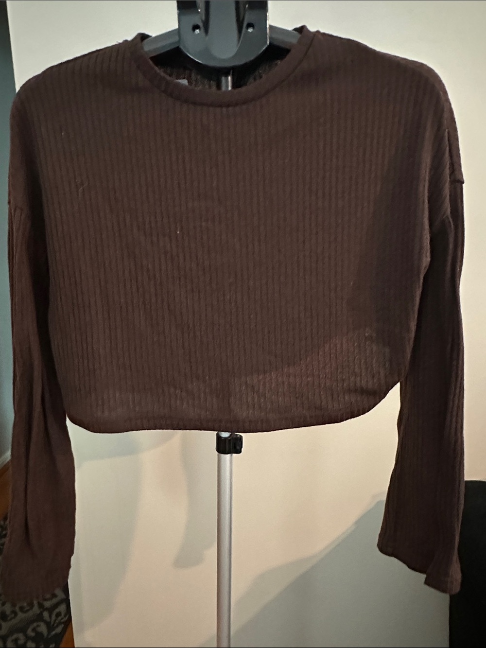 SHEIN Chocolate Brown Ribbed Cropped Long Sleeve Top